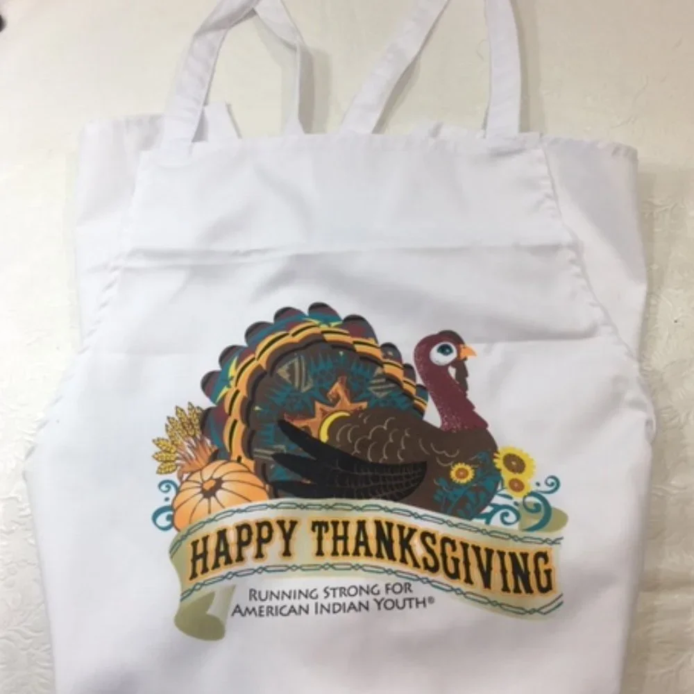 Apron Happy Thanksgiving Waist Tie Back White Cotton 26.5